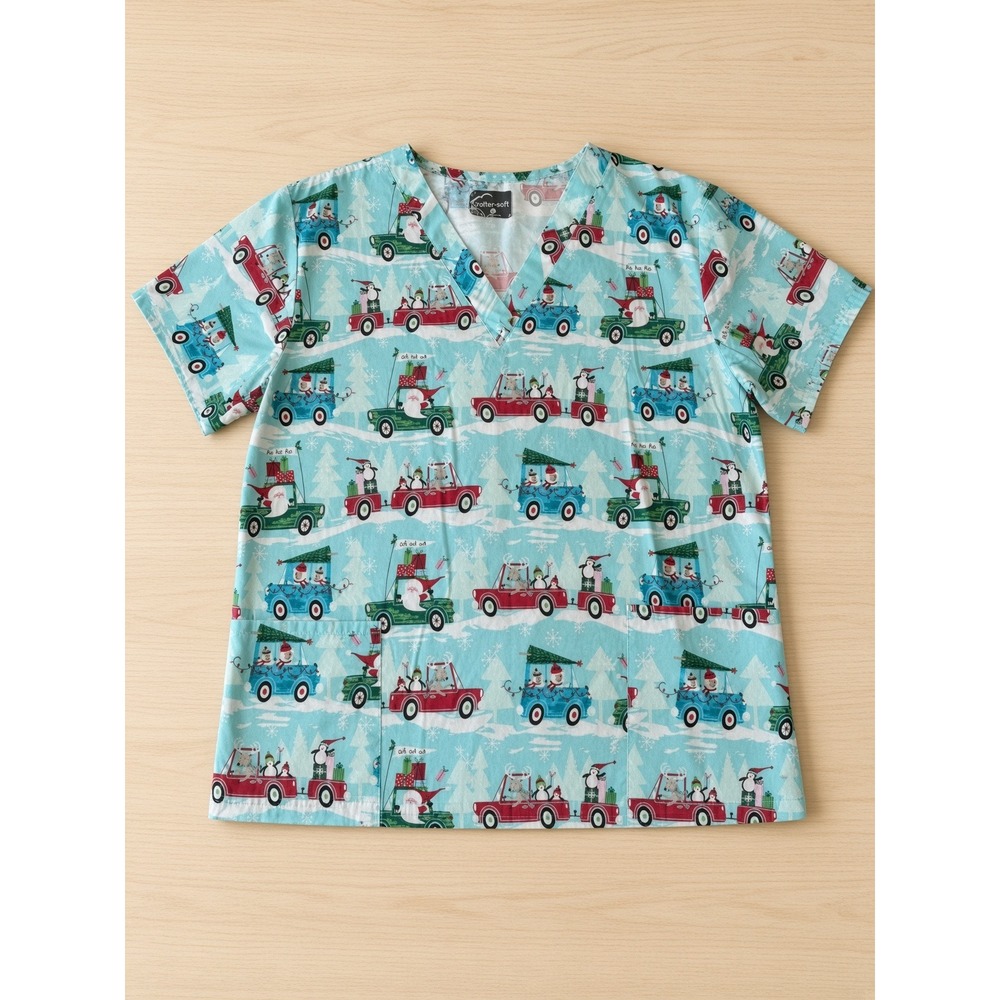 Butter-Soft Christmas Scrub Top Large Blue Santa Penguin Holiday V-Neck Pockets